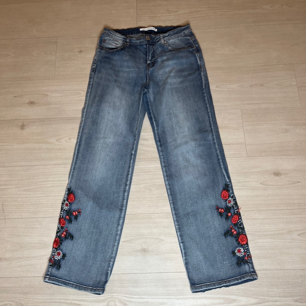 9th & Main Womens Floral Embroidered Straight Leg Jeans Blue Medium Wash Size 12